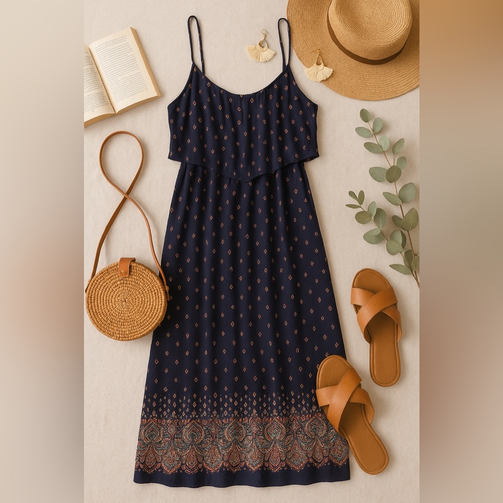 Xhilaration Navy Blue Boho Print Maxi Dress Size Medium NWOT